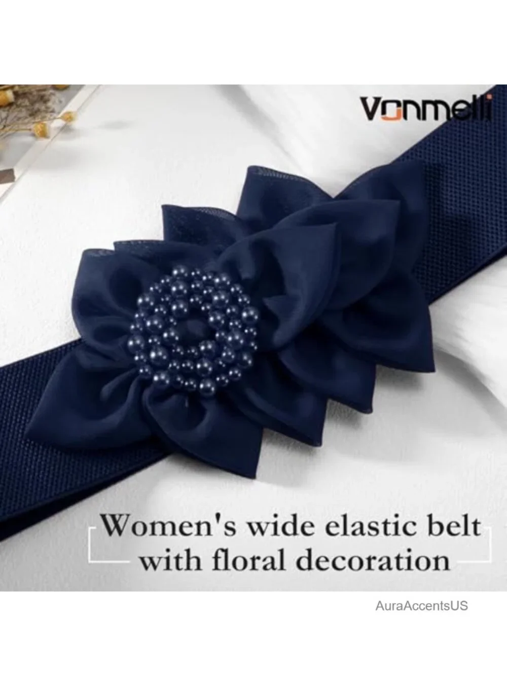 Wide Elastic Stretch Belt with Floral Pearl Decor for Dresses